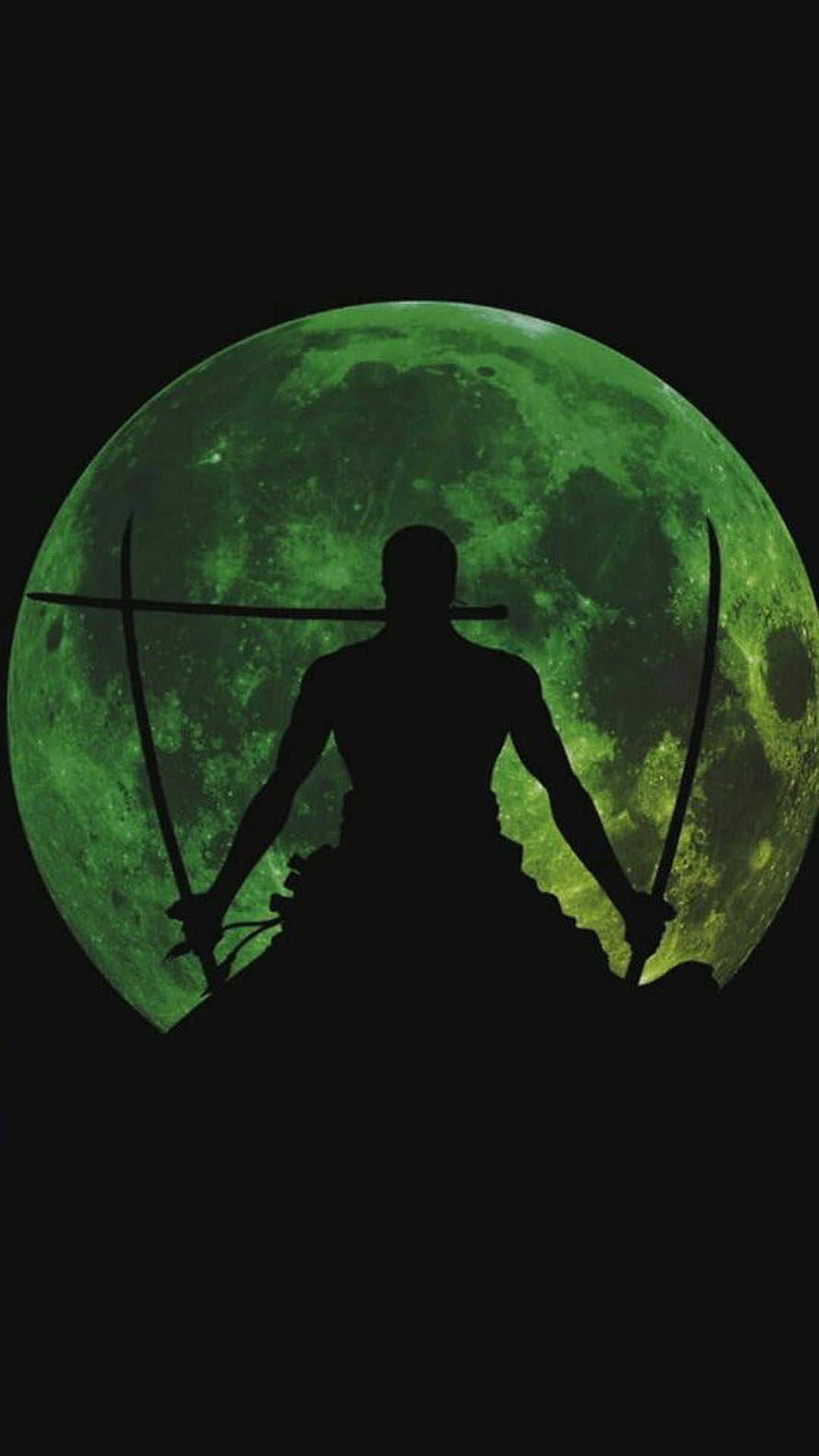 Silhouette of a warrior holding dual swords against a massive green moon HD phone wallpaper