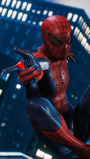 Spider-Man in Advanced Suit Leaping Through City Skyline, Spiderman, hollywood movie HD phone wallpaper