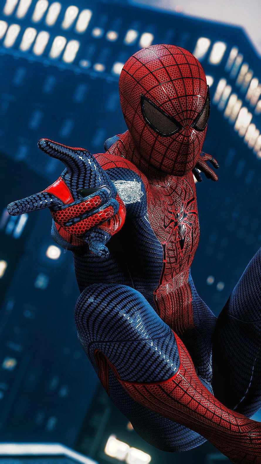 Spider-Man in Advanced Suit Leaping Through City Skyline, Spiderman, hollywood movie HD phone wallpaper