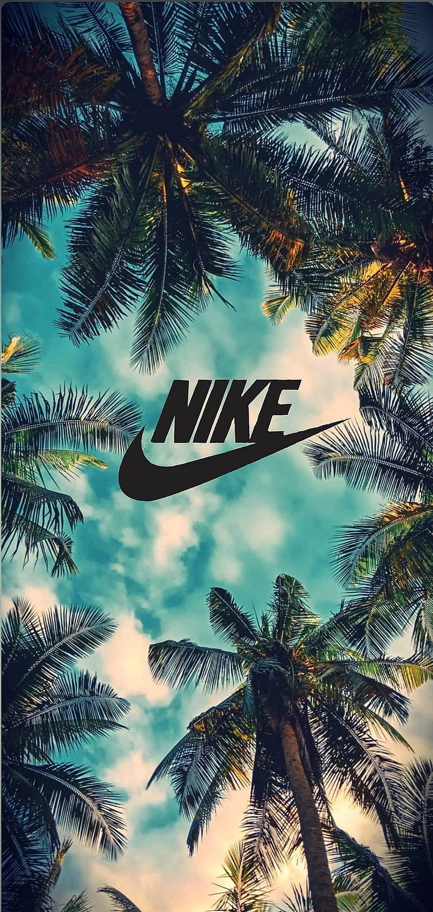 Nike Logo Centered Amongst Tropical Palm Trees Against Blue Sky HD phone wallpaper
