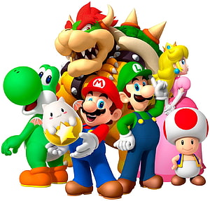 Super Mario Bros. Character Group Featuring Mario, Luigi, Princess Peach, Bowser, Yoshi, and Toad HD wallpaper