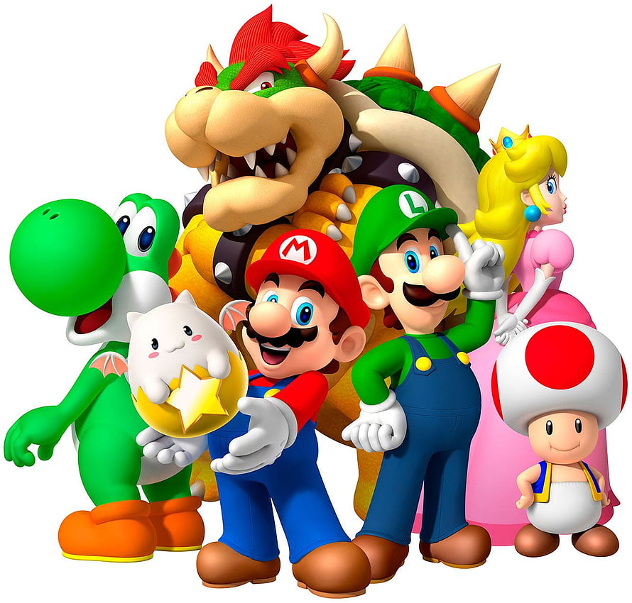 Super Mario Bros. Character Group Featuring Mario, Luigi, Princess Peach, Bowser, Yoshi, and Toad HD wallpaper