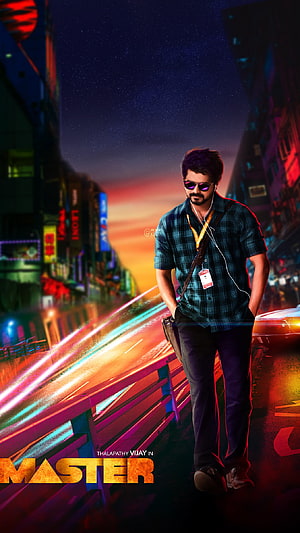 Thalapathy Vijay in Master Movie Poster with Neon Cityscape and Sunglasses HD phone wallpaper