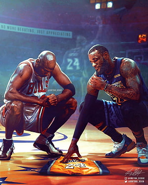 Michael Jordan and LeBron James kneeling on court paying tribute to Kobe Bryant jersey HD phone wallpaper