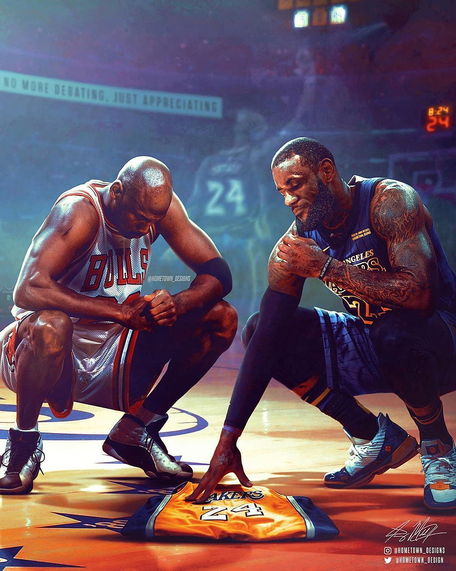 Michael Jordan and LeBron James kneeling on court paying tribute to Kobe Bryant jersey HD phone wallpaper