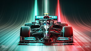 Mercedes-AMG Petronas F1 car speeding through neon light trails HD wallpaper