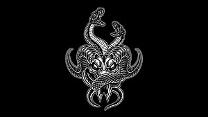 Deadsquad Demon Skull with Twin Serpents Black and White Line Art Emblem HD wallpaper