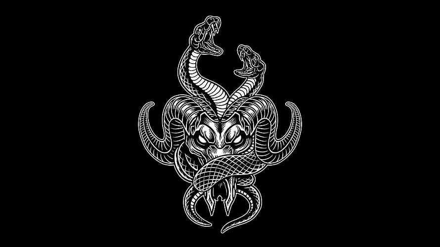 Deadsquad Demon Skull with Twin Serpents Black and White Line Art Emblem HD wallpaper