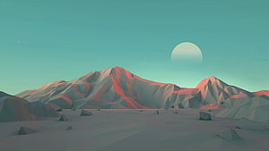 Low Poly Desert Mountain Landscape With Pale Moon And Teal Sky HD wallpaper