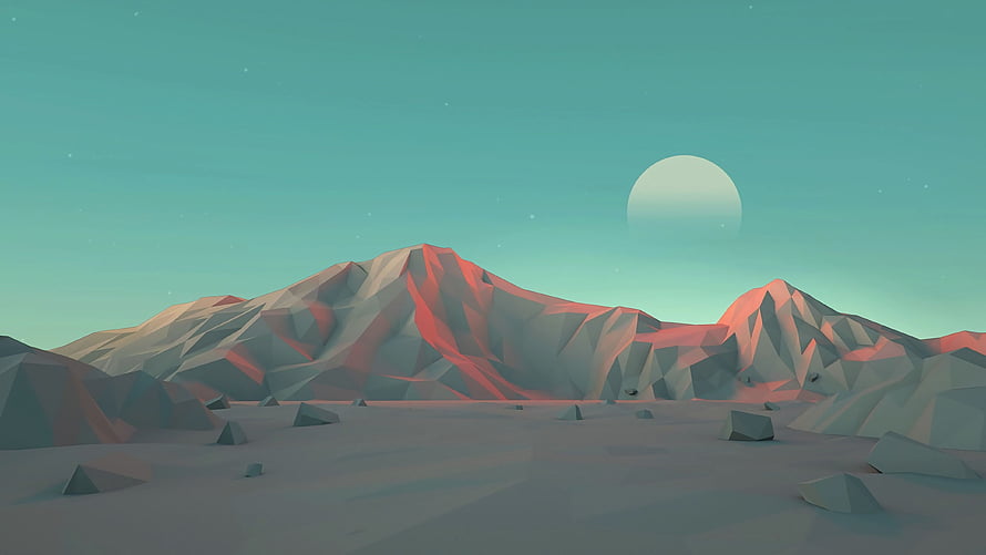 Low Poly Desert Mountain Landscape With Pale Moon And Teal Sky HD wallpaper