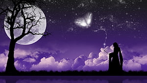 Magical Silhouette of a Witch Casting a Spell at a Glowing Butterfly Under a Full Moon HD wallpaper