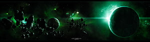 Elite Dangerous Space Scene with Green Nebula, Asteroid Field, and Distant Planets HD wallpaper
