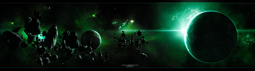 Elite Dangerous Space Scene with Green Nebula, Asteroid Field, and Distant Planets HD wallpaper