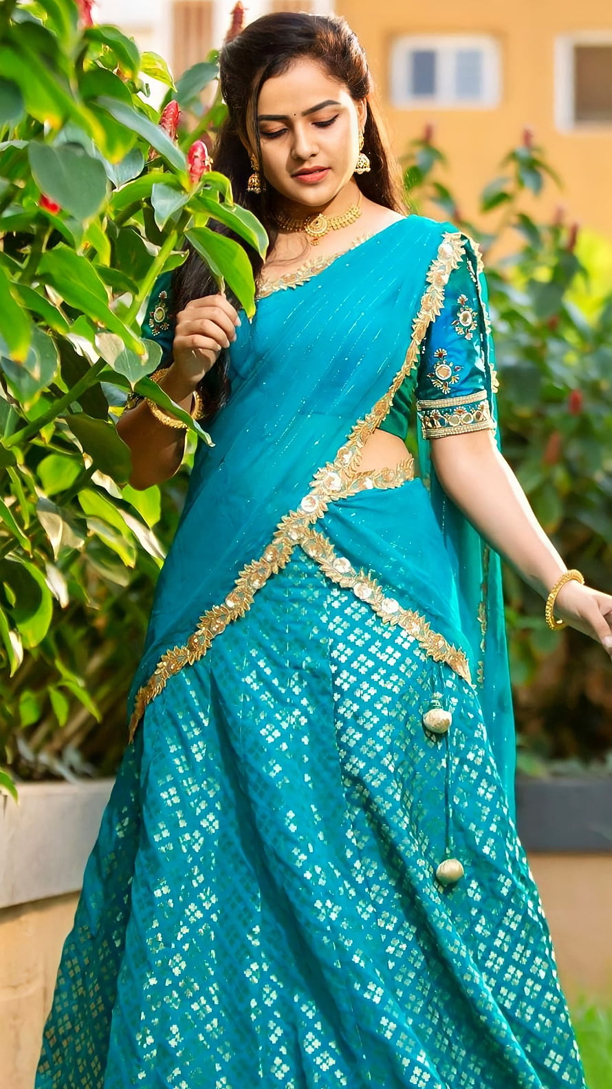 Elegant Woman in Teal Saree with Gold Embroidery and Traditional Jewelry, Vaishnavi chaithanya, telugu actress, model HD phone wallpaper