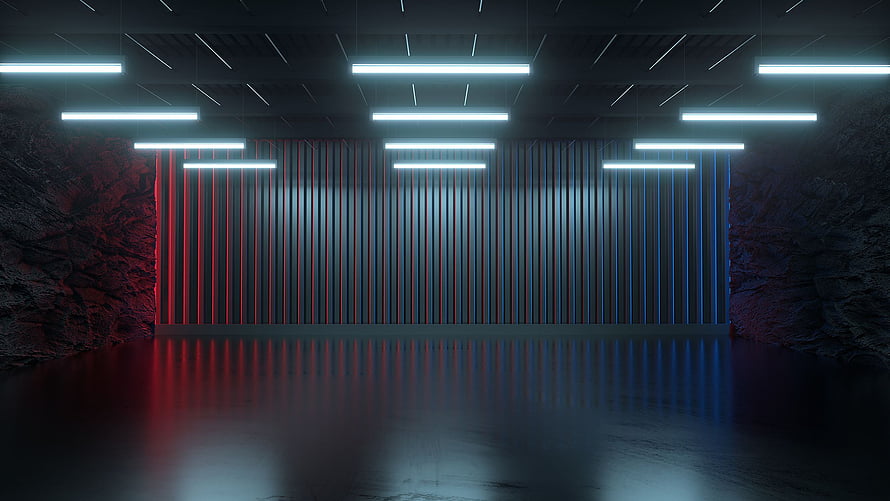Futuristic Neon Corridor With Red And Blue Lighting On Corrugated Metal Wall HD wallpaper