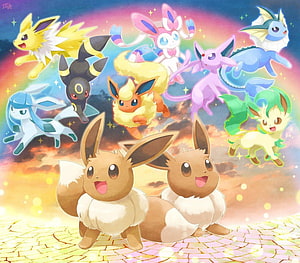 Eevee and All Eight Eeveelutions Floating Against a Vibrant Rainbow Sky HD wallpaper