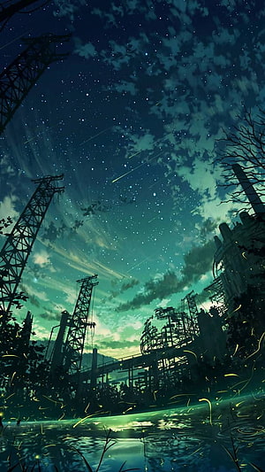 Anime Style Night Sky Over Abandoned Industrial Ruins With Shooting Stars HD phone wallpaper
