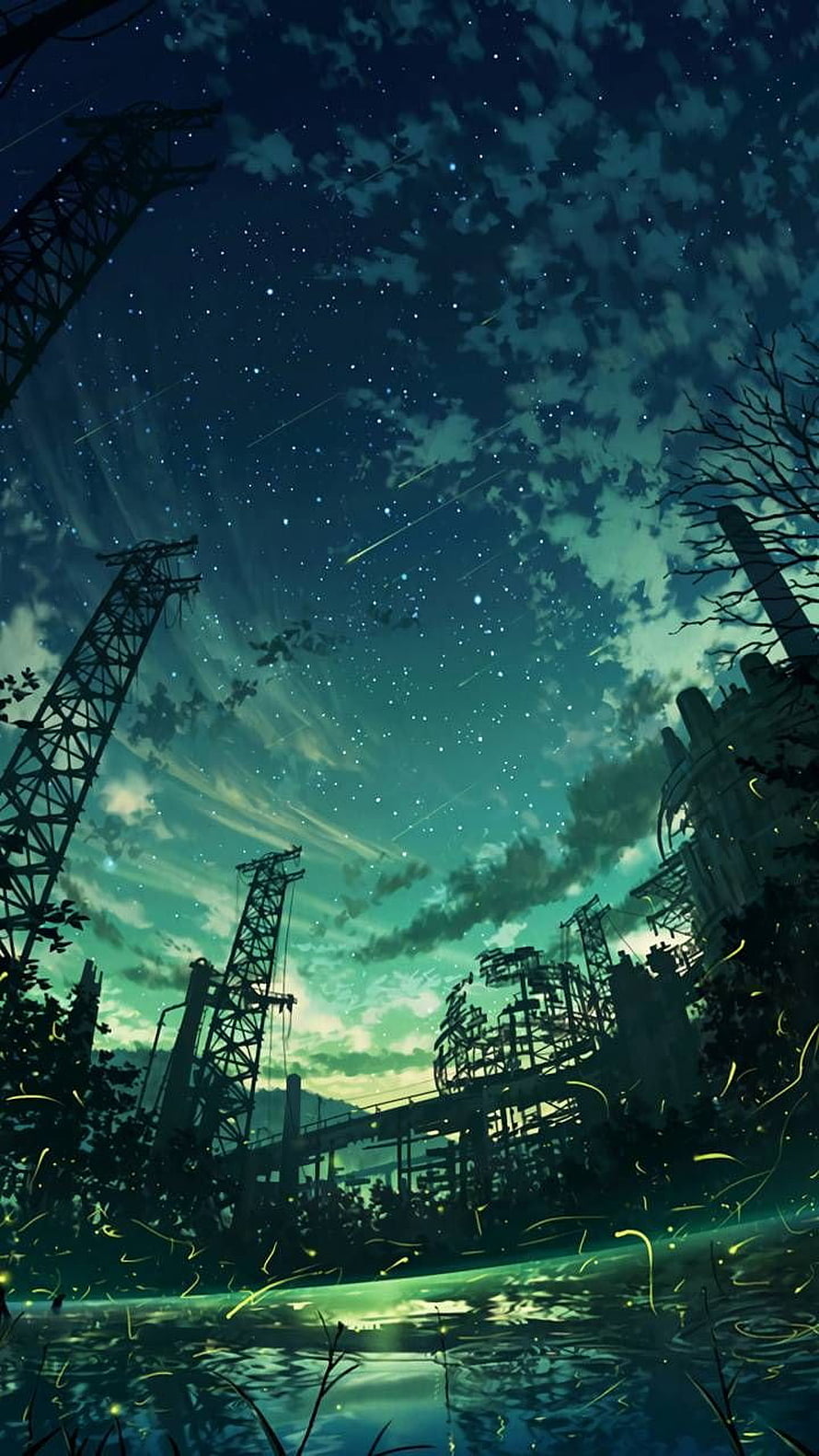 Anime Style Night Sky Over Abandoned Industrial Ruins With Shooting Stars HD phone wallpaper