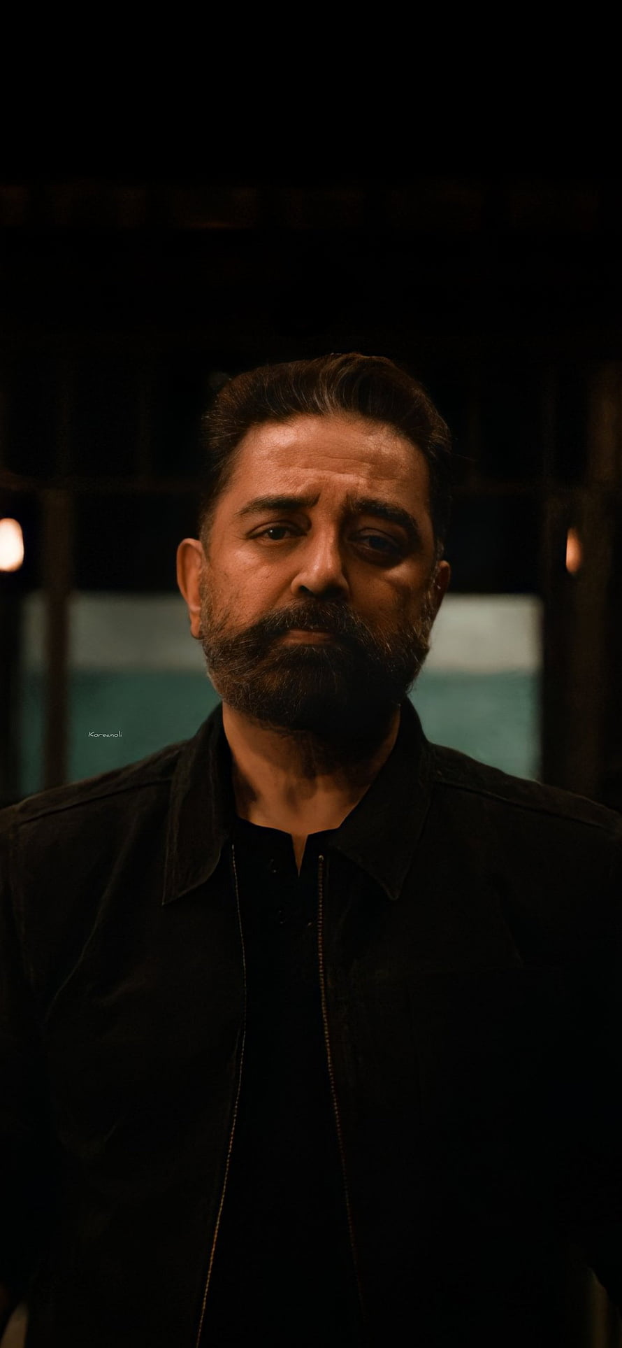 Portrait of a man with a beard and black jacket in a dimly lit room, Kamal Haasan, collar, vikram HD phone wallpaper