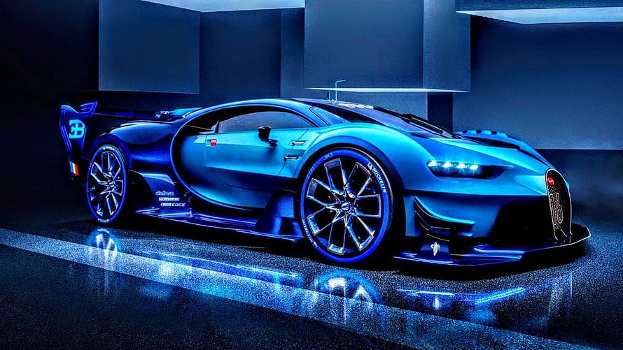 Blue Bugatti Divo Hypercar in Dark Garage with Neon Lighting HD wallpaper