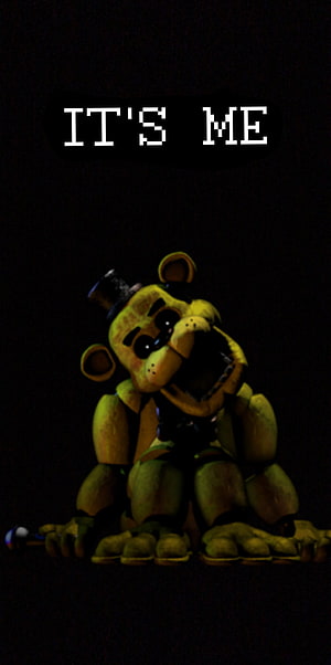 Golden Freddy from Five Nights at Freddy's in a dark, eerie setting with pixelated text overlay HD phone wallpaper