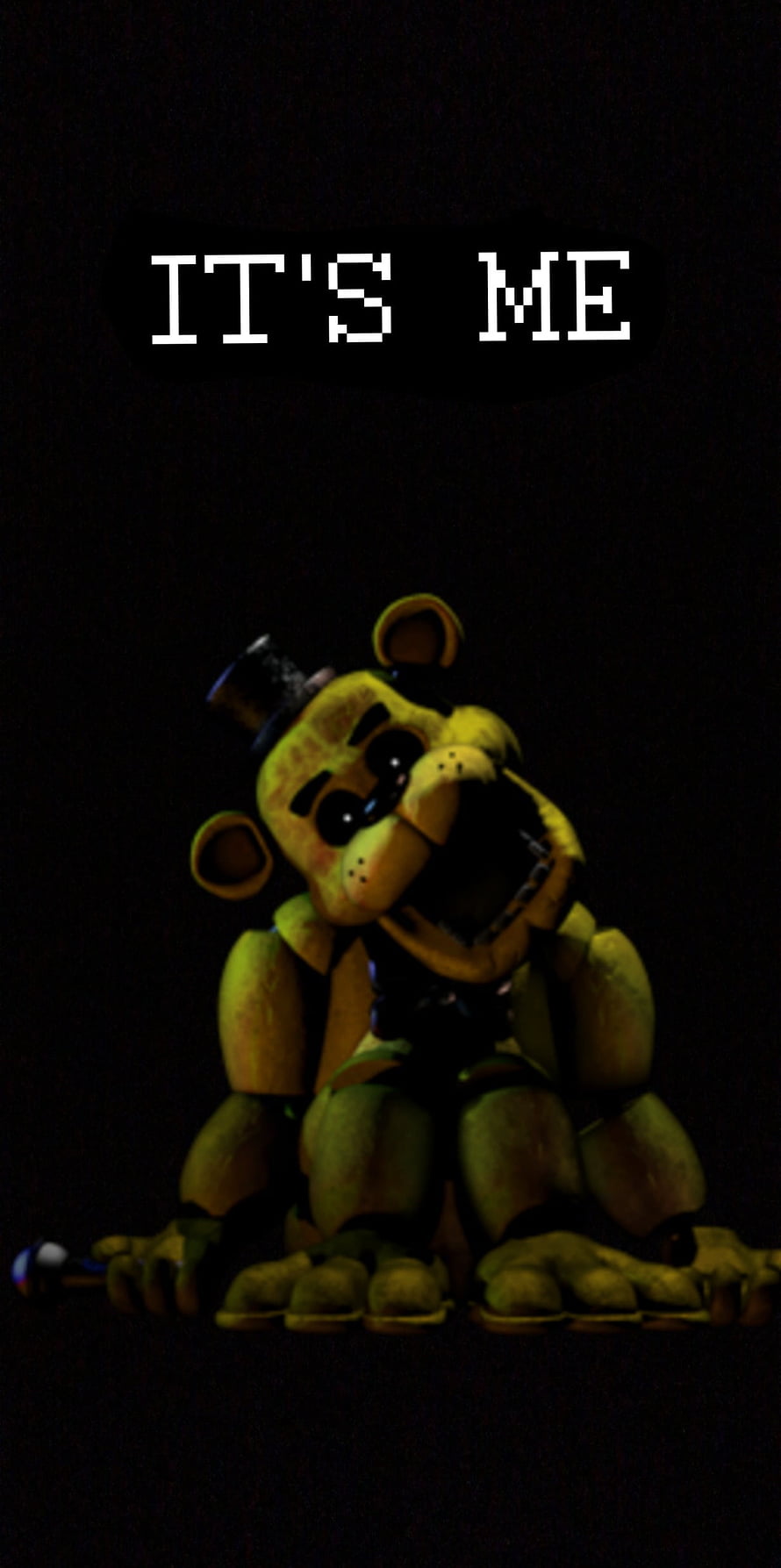 Golden Freddy from Five Nights at Freddy's in a dark, eerie setting with pixelated text overlay HD phone wallpaper