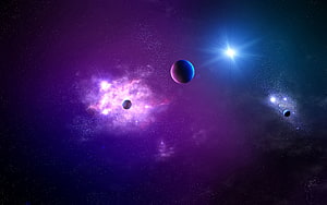 Vibrant Purple Nebula and Distant Planets in Deep Space HD wallpaper