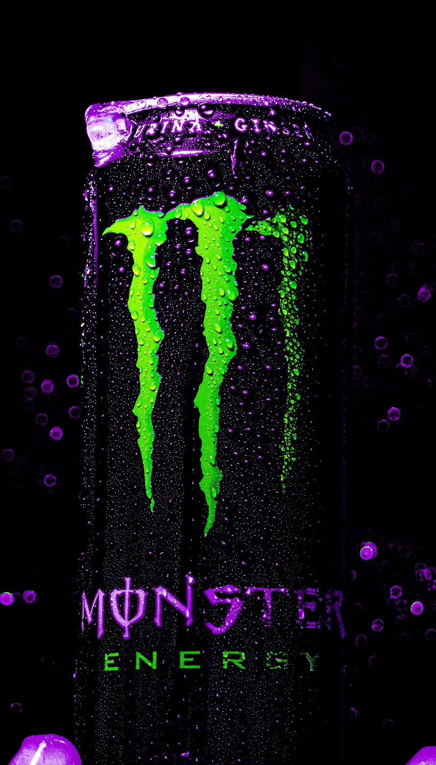 Chilled Monster Energy Can with Neon Green Claw Logo and Purple Condensation HD phone wallpaper