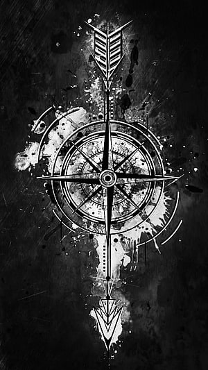 Monochrome Grunge Compass Rose with Arrow and Ink Splatter Design HD phone wallpaper