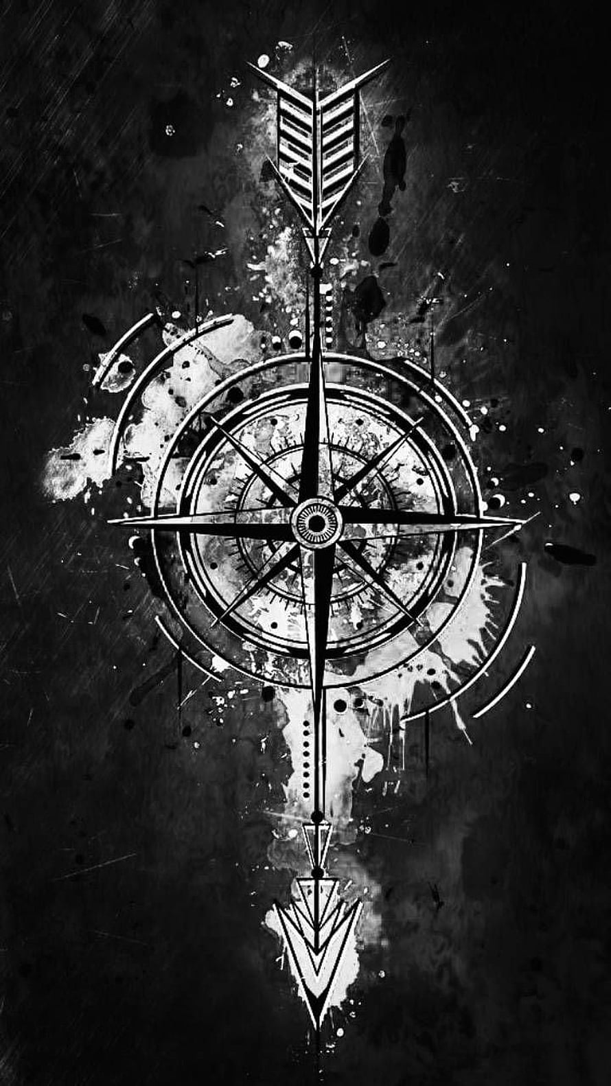 Monochrome Grunge Compass Rose with Arrow and Ink Splatter Design HD phone wallpaper