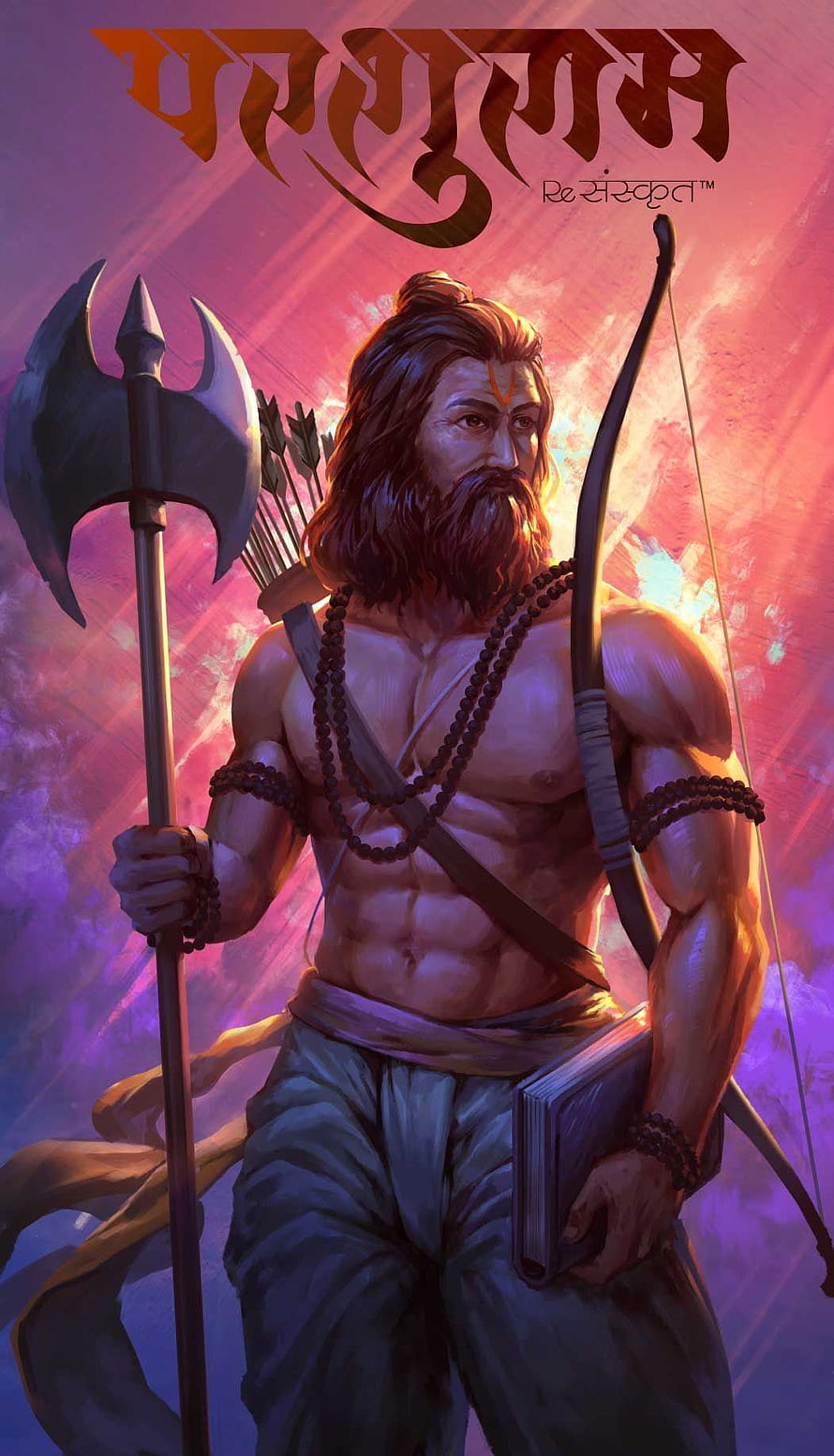 Parshurama warrior holding axe and bow with arrows and book in vibrant fantasy art style HD phone wallpaper
