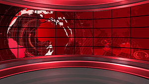Red Digital News Broadcast Studio Set with Curved Globe Display and Grid Screen HD wallpaper