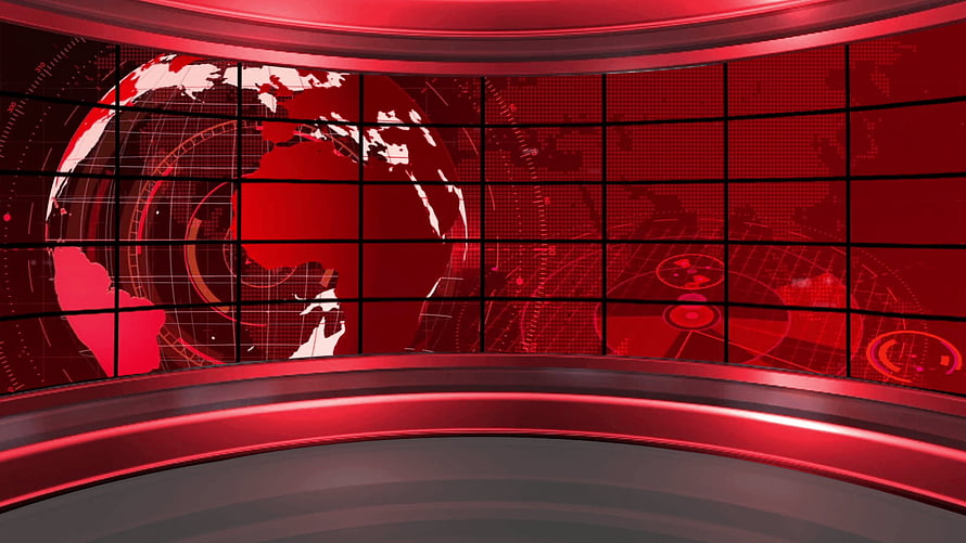 Red Digital News Broadcast Studio Set with Curved Globe Display and Grid Screen HD wallpaper