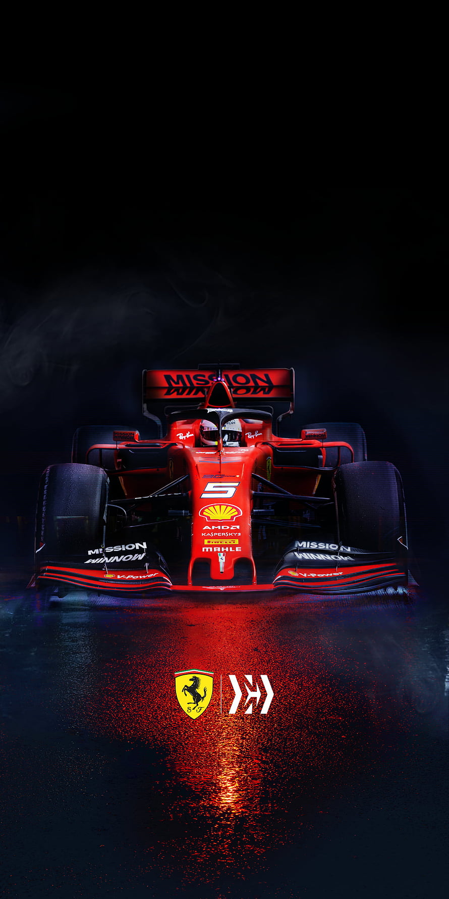 Ferrari Formula 1 Race Car Front View on Wet Track with Dramatic Red Lighting HD phone wallpaper