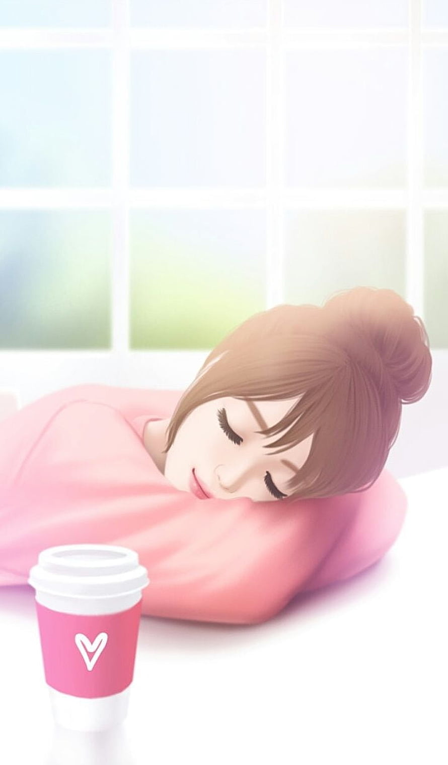 Cute Anime Girl Sleeping Peacefully with Coffee Cup on Table HD phone wallpaper