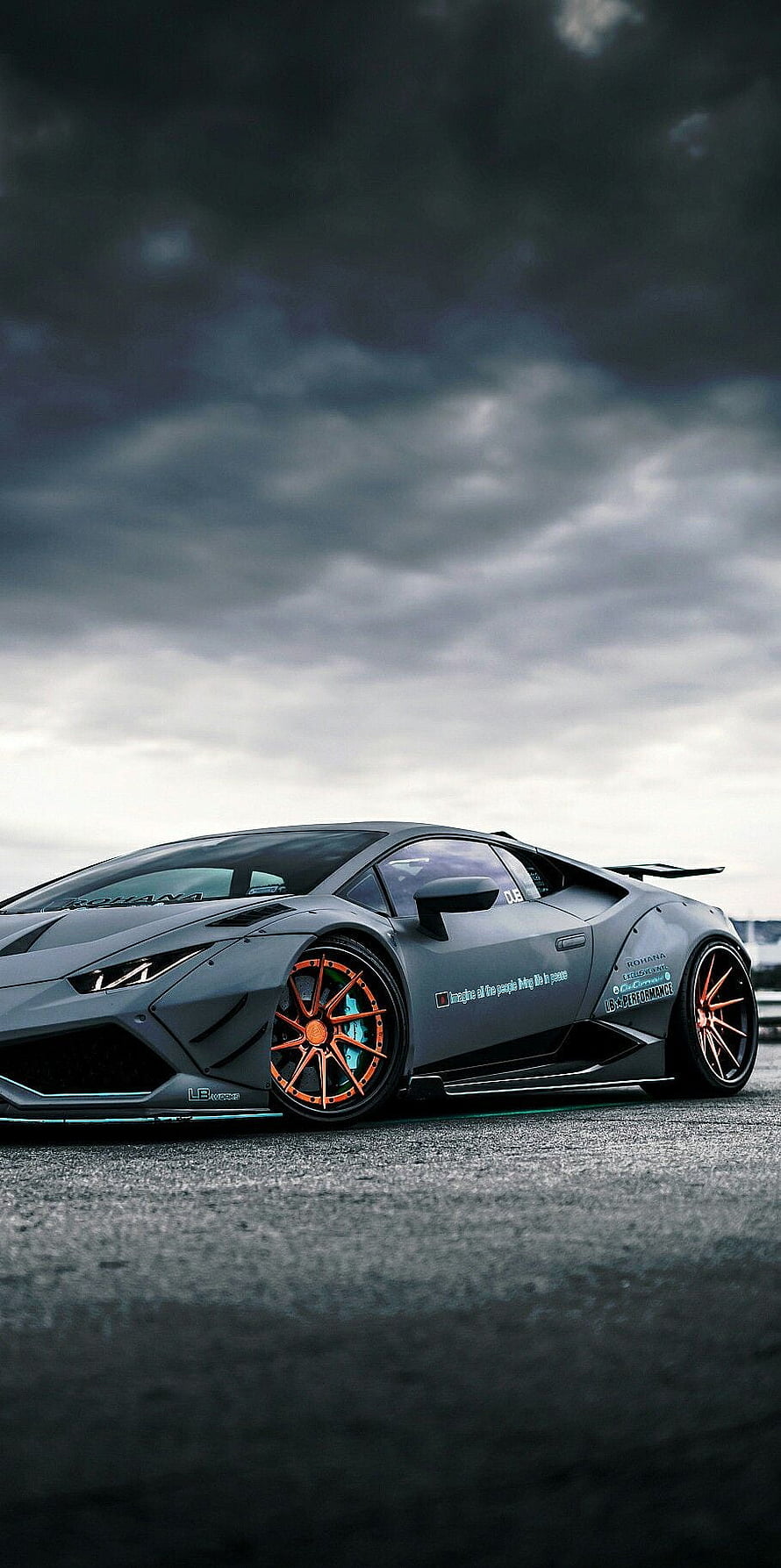 LB Performance Lamborghini Huracan with Rohana Wheels Under Dramatic Stormy Sky HD phone wallpaper