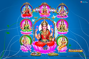 Ashtalakshmi Hindu Goddess Artwork Featuring Eight Forms of Lakshmi on Lotus Flowers HD wallpaper