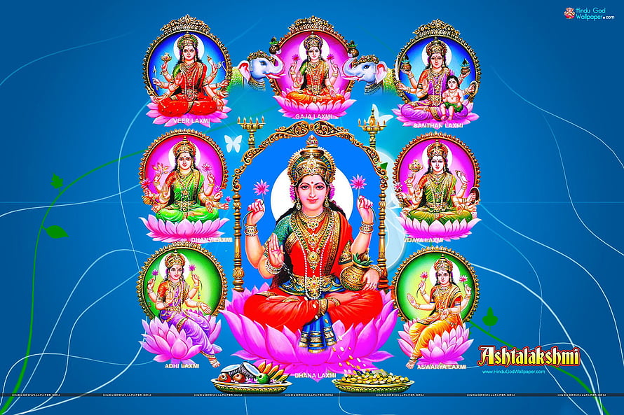 Ashtalakshmi Hindu Goddess Artwork Featuring Eight Forms of Lakshmi on Lotus Flowers HD wallpaper