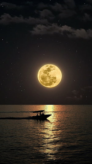 Silhouette of a boat cruising on calm ocean waters under a giant glowing full moon with starry night sky HD phone wallpaper