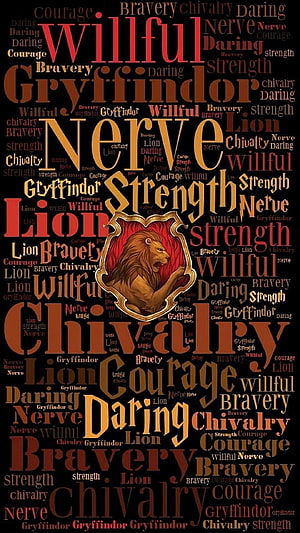 Harry Potter Gryffindor House Lion Crest Word Art Typography Design HD phone wallpaper