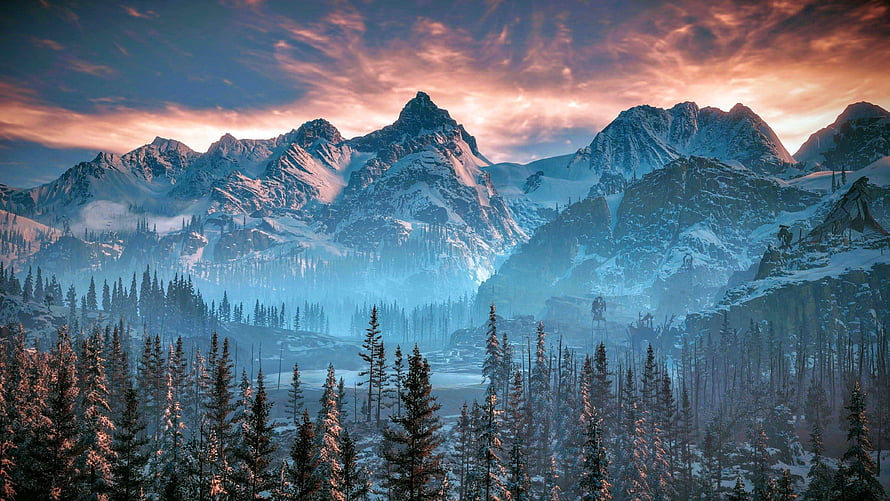 Snow-Capped Mountain Range and Pine Forest at Sunset with Misty Valley HD wallpaper