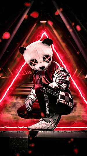 Panda Head Character in Streetwear Crouching in Neon Red Tunnel HD phone wallpaper