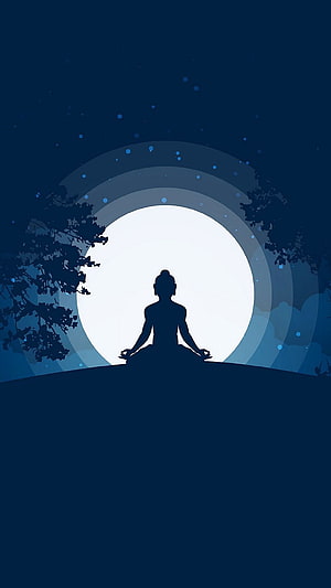 Silhouette of a person meditating in lotus pose against a large full moon with concentric light rings and starry night sky HD phone wallpaper