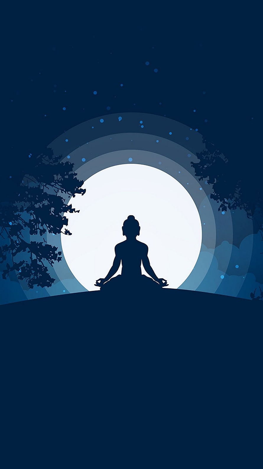 Silhouette of a person meditating in lotus pose against a large full moon with concentric light rings and starry night sky HD phone wallpaper