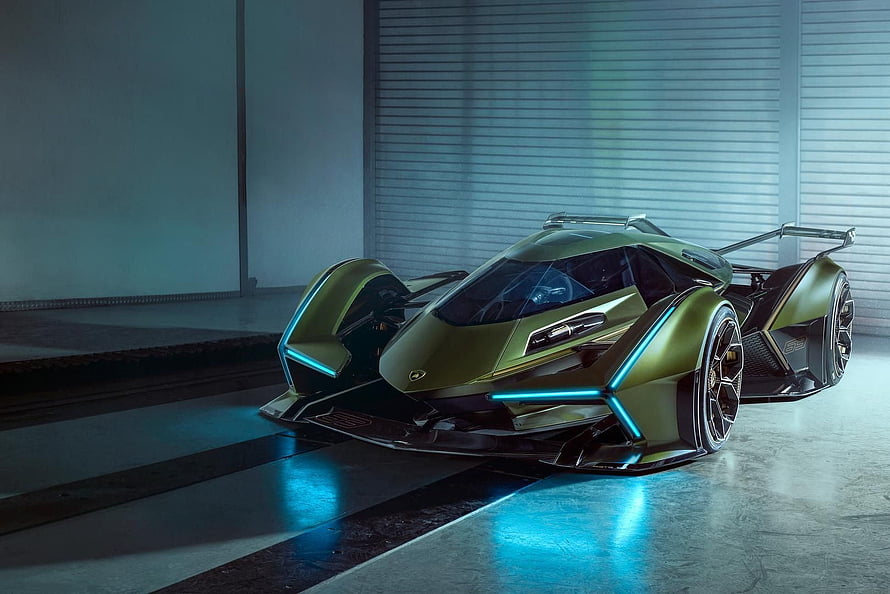 Lamborghini Terzo Millennio Concept Car with Neon Blue Accents in Industrial Setting HD wallpaper