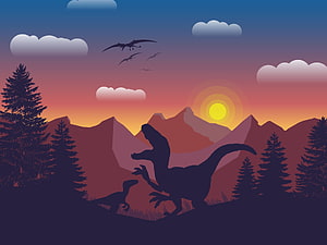 Silhouetted Dinosaurs and Pterodactyls in a Prehistoric Mountain Sunset Landscape HD wallpaper