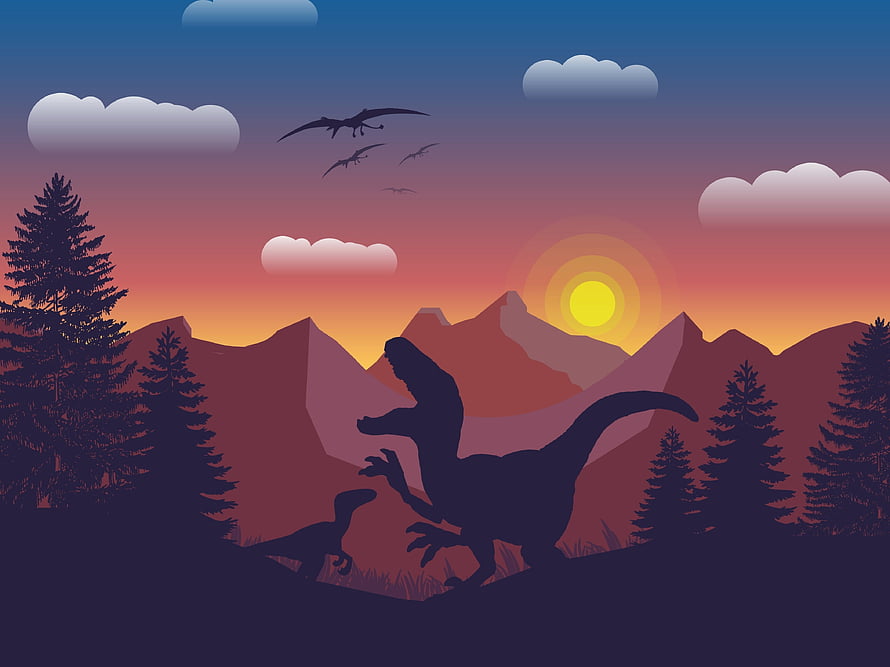 Silhouetted Dinosaurs and Pterodactyls in a Prehistoric Mountain Sunset Landscape HD wallpaper