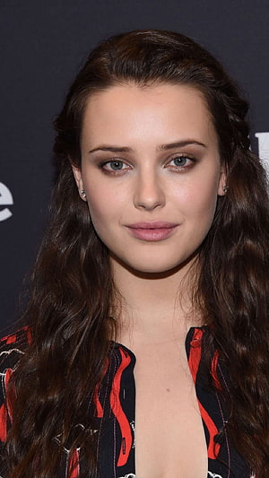 Katherine Langford Portrait in Red and Black Patterned Blouse with Wavy Hair HD phone wallpaper