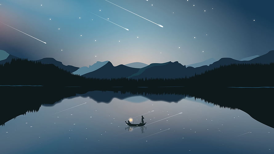 Serene Night Lake with Shooting Stars and a Lone Boat Under a Starry Sky HD wallpaper