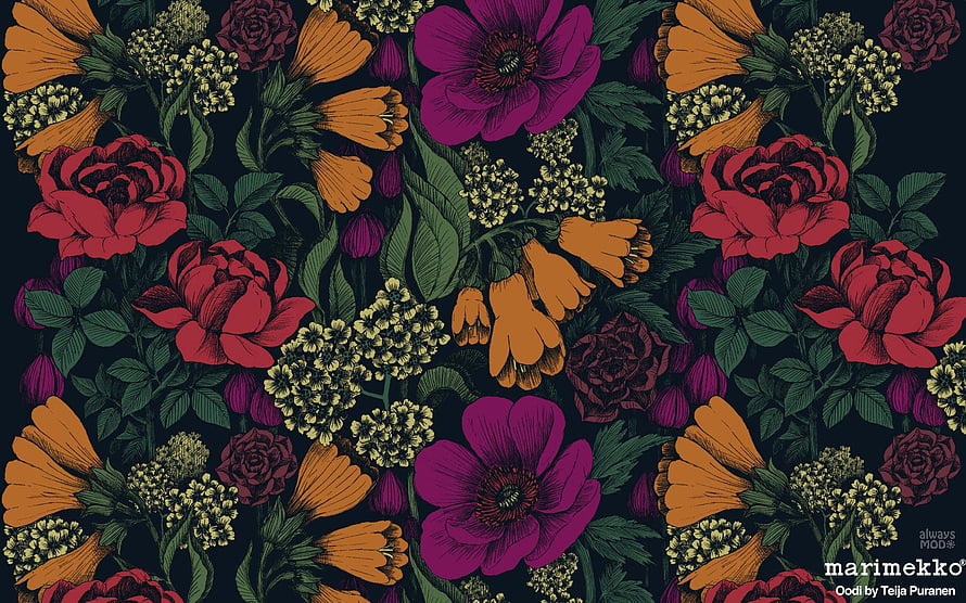 Marimekko Oodi Floral Pattern by Teija Puranen with Bold Autumn Colors HD wallpaper